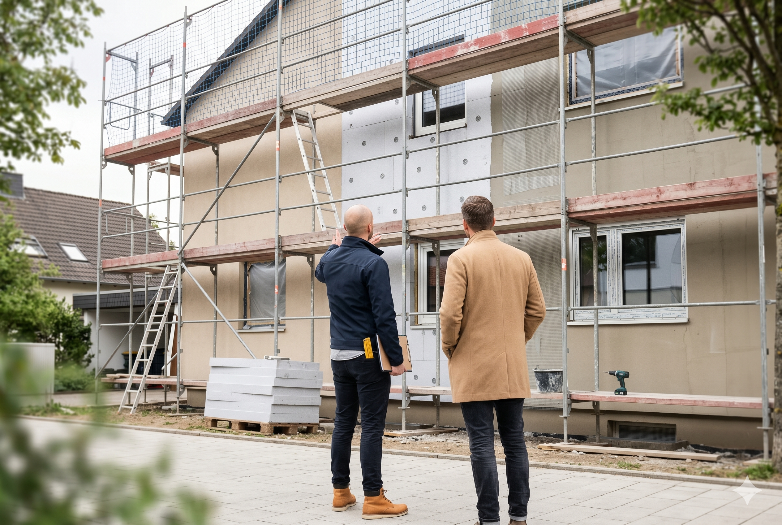 Energieberater und Eigentümer auf der Baustelle vor einem eingerüsteten Einfamilienhaus mit neuer Fassadendämmung – Baubegleitung und Qualitätssicherung