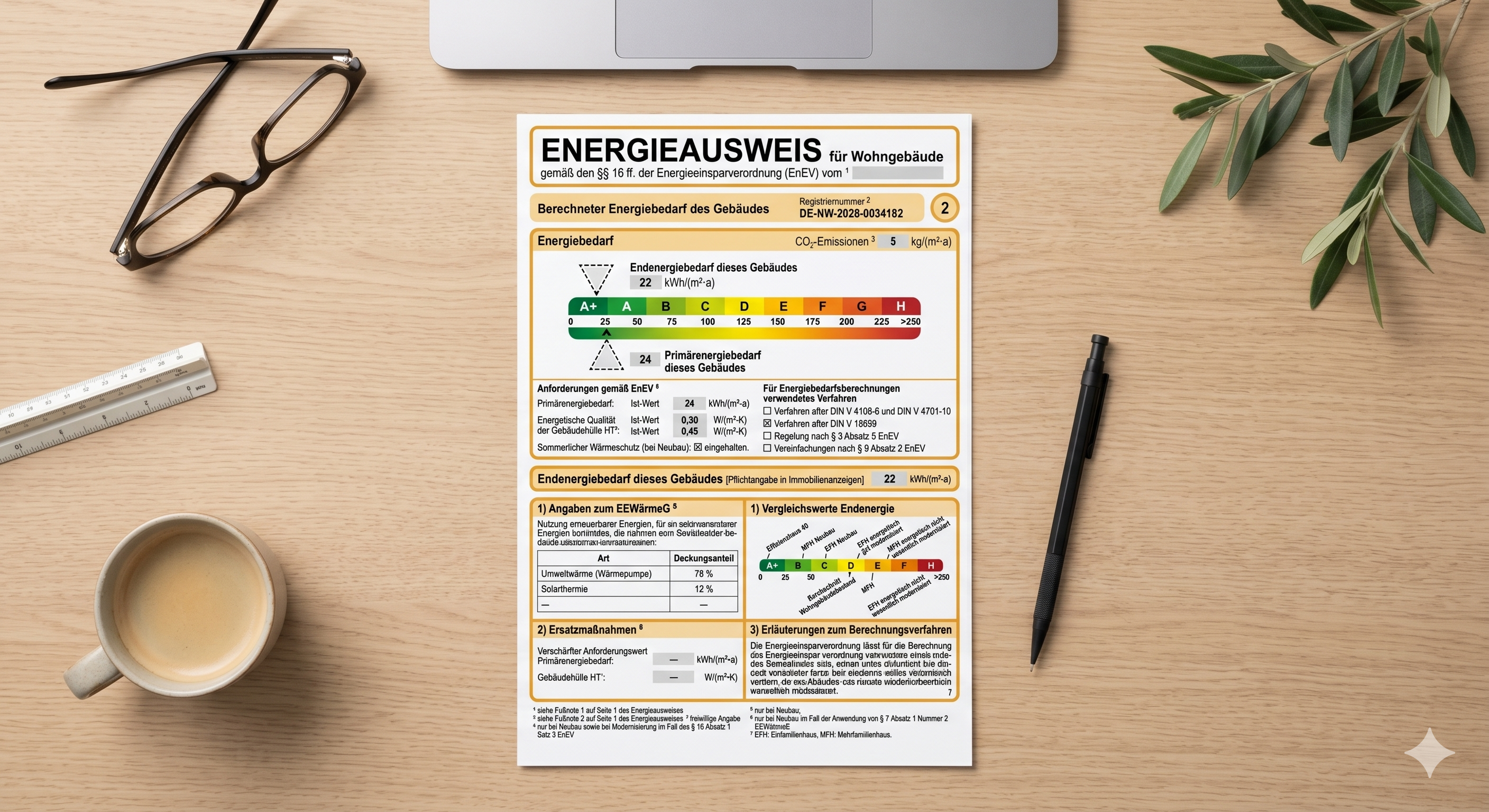 Energieausweis für Wohngebäude nach GEG mit farbiger Effizienzklassen-Skala A+ bis H – Bedarfs- und Verbrauchsausweis