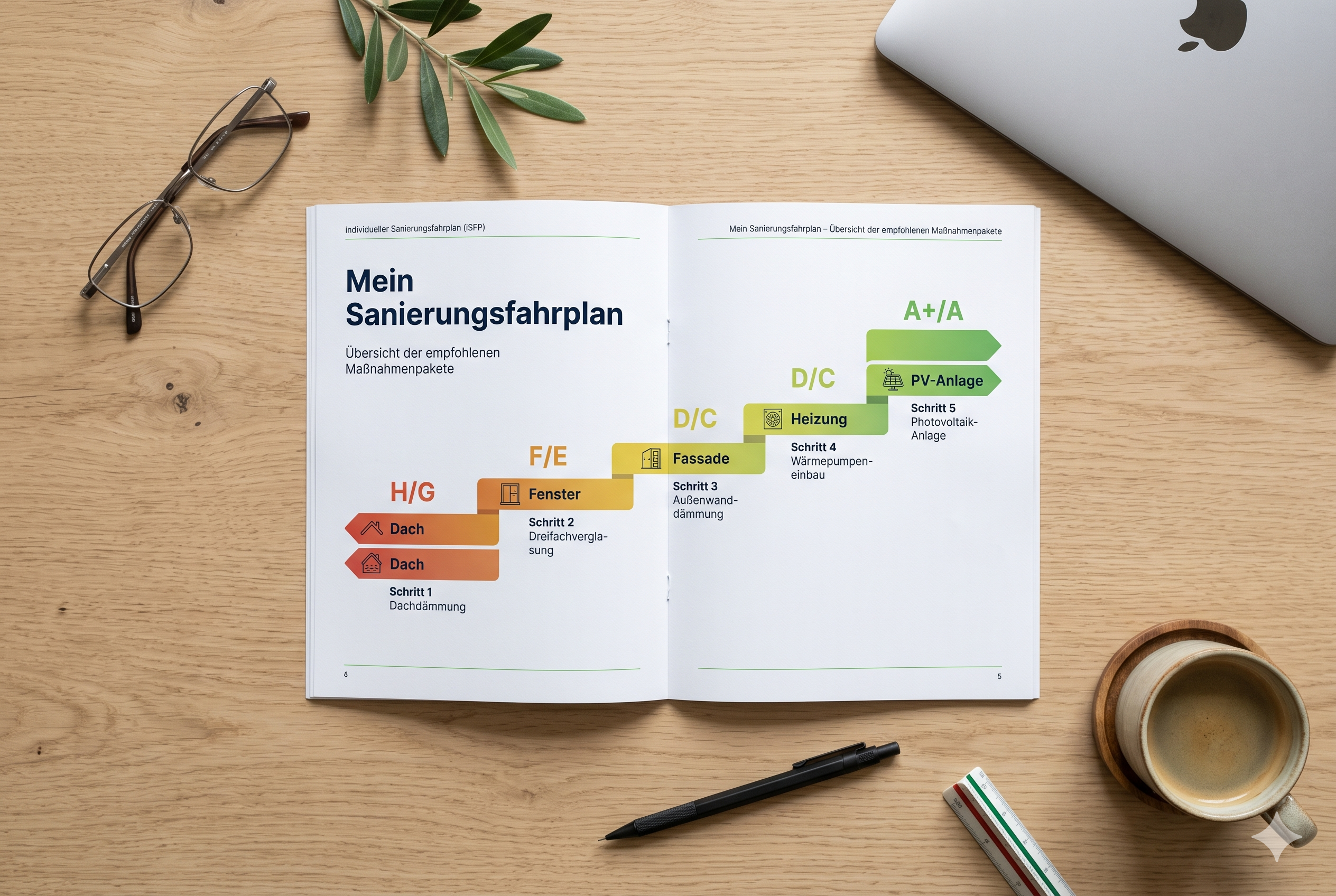 Aufgeschlagener individueller Sanierungsfahrplan (iSFP) mit priorisierten Maßnahmenpaketen für Dach, Fenster, Fassade, Heizung und PV-Anlage