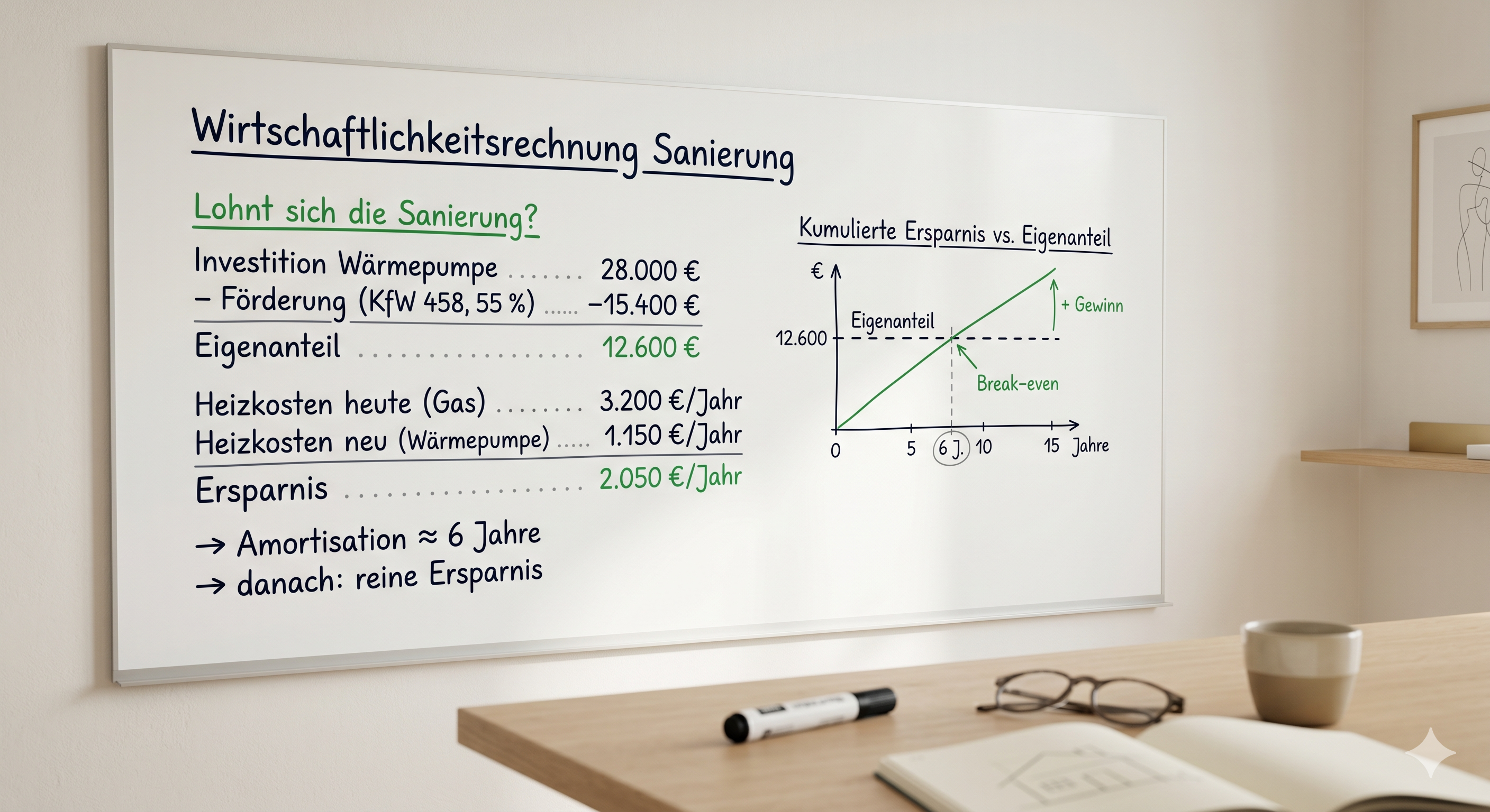 Whiteboard mit Wirtschaftlichkeitsrechnung einer Sanierung: Investition Wärmepumpe, KfW-Förderung, Eigenanteil, jährliche Heizkosten-Ersparnis und Amortisation nach rund 6 Jahren
