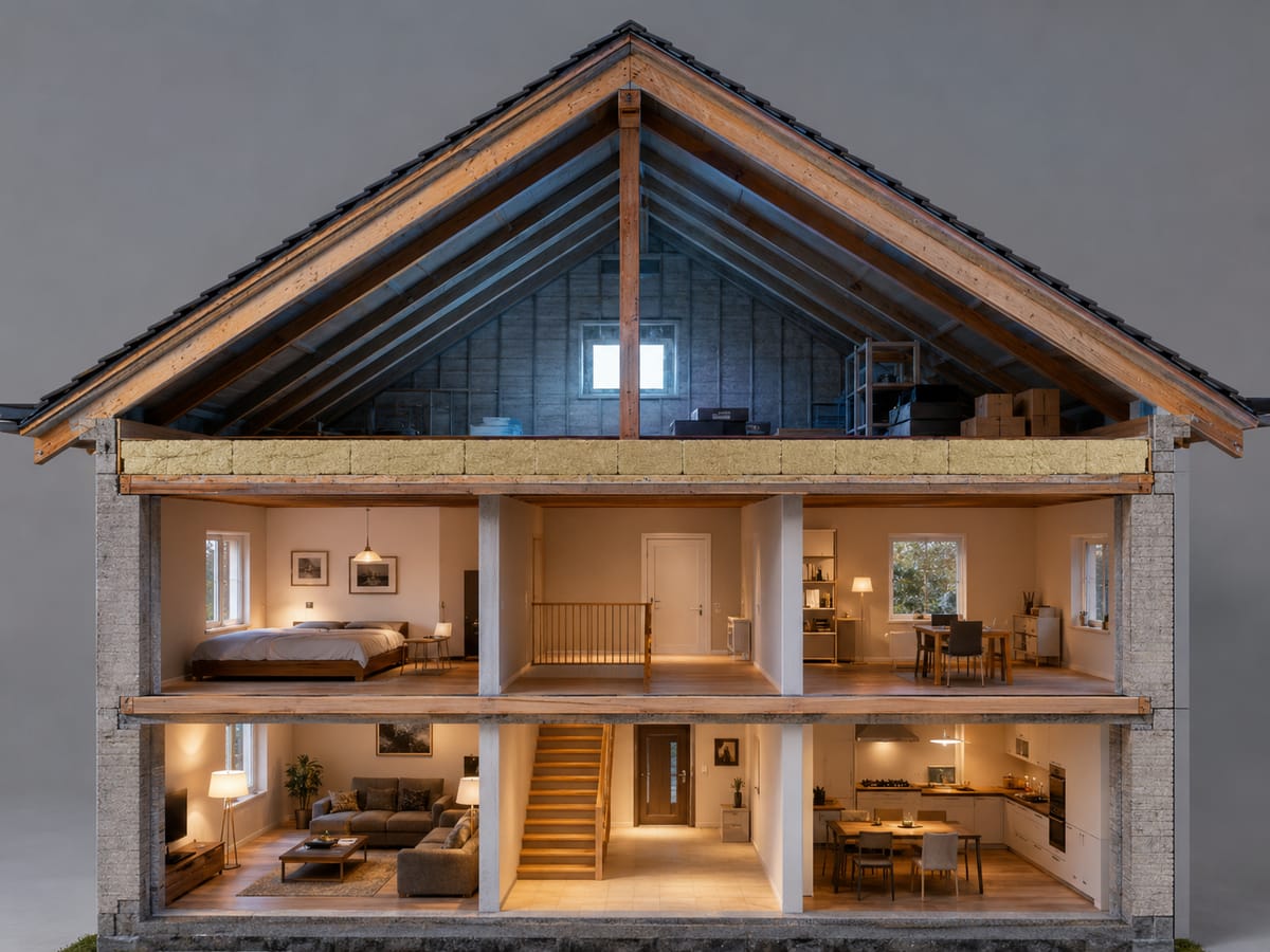 Querschnitt eines Hauses: gedämmte oberste Geschossdecke zwischen beheiztem Wohnraum und unbeheiztem Dachboden – Energieberatung A+ Pilot