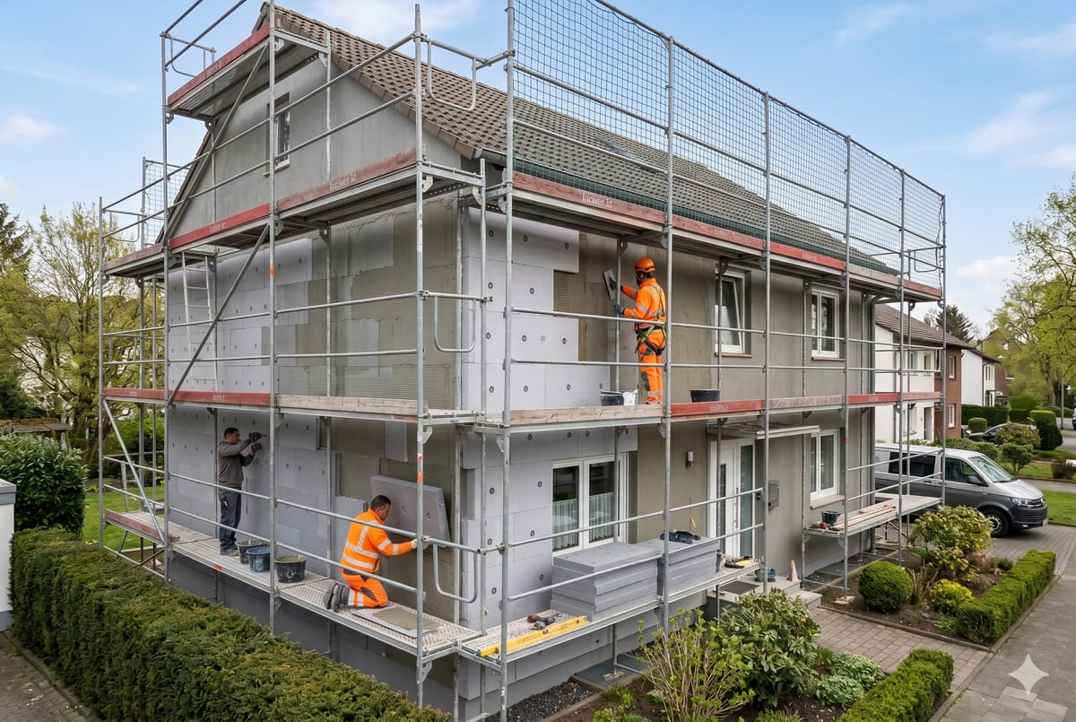 Handwerker montiert Dämmplatten eines Wärmedämmverbundsystems (WDVS) an einer Hausfassade – Fassadendämmung, Energieberatung A+ Pilot