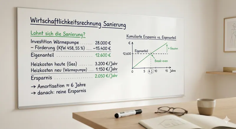 Wirtschaftlichkeitsrechnung einer Sanierung mit Investition, Förderung, Eigenanteil und Amortisation