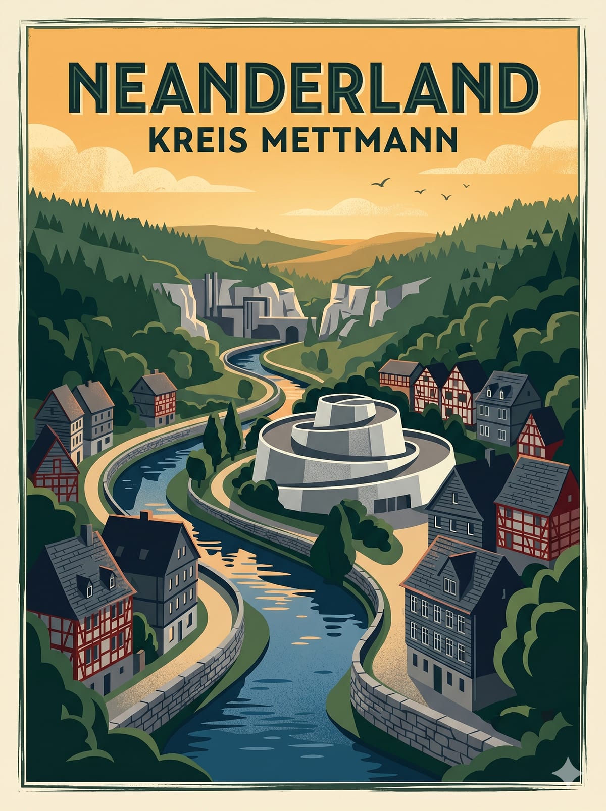 Illustriertes Reiseplakat Neanderland Kreis Mettmann mit Fluss, Fachwerkhäusern und bewaldeten Hügeln – Energieberatung A+ Pilot
